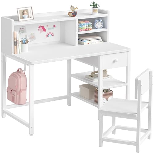 Kids Study Desk and Chair Set with Hutch, Storage Shelves and Fabric Drawer