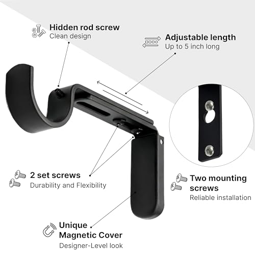 Adjustable Heavy Duty Curtain Rod Brackets with Magnetic Cover, 2 Pack