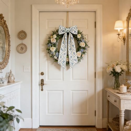2-Piece Blue Floral Wreath Sash for Front Door Decor, Polyester Ribbon