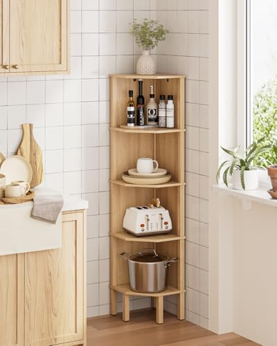 5-Tier Oak Corner Bookshelf, Space-Saving Display Storage Rack