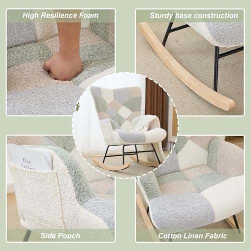 Teddy Upholstered Rocking Chair with Storage Pocket and High Backrest