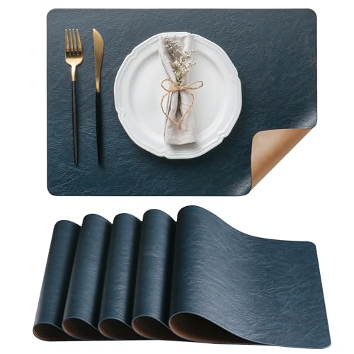 Reversible Faux Leather Placemats Set of 6, Wipeable Heat Resistant Mats
