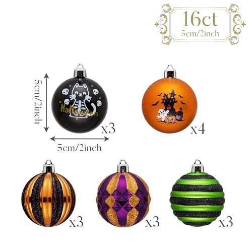 16-Count Vintage Halloween Tree Ball Ornaments - 2 Inch Shatterproof Set