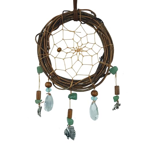 Natural Rattan Dream Catcher with Wolf and Bear Pendants, Boho Wall Decor
