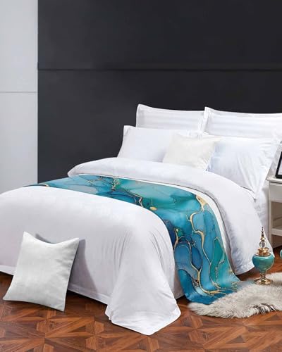 Teal & Gold Marble Bed Runner Scarf - Modern Cal King Decor (102"x20")