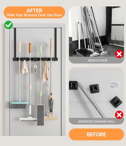 Over The Door Broom Holder and Mop Rack - 304 Stainless Steel Black