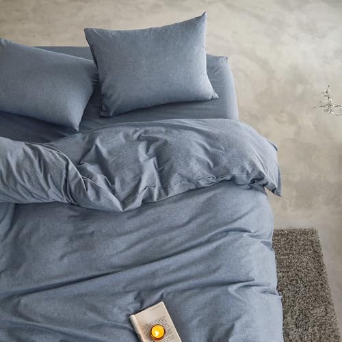 100% Washed Cotton Queen Duvet Cover Set - 3-Piece Bedding, Denim Blue