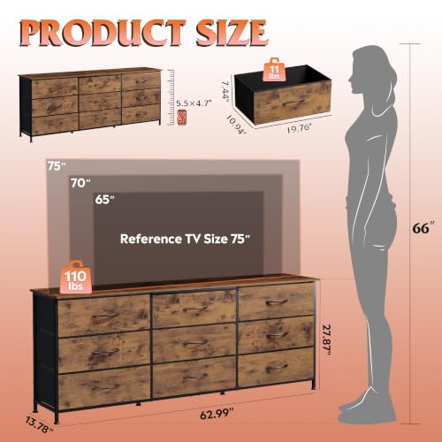 9-Drawer Dresser TV Stand for 75 Inch TVs, Rustic Brown Media Console