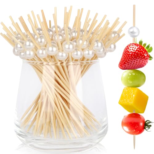 200PCS White Pearl Cocktail Picks - 4.7-Inch Bamboo Appetizer Skewers