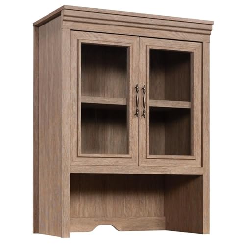 Engineered Wood Library Hutch with Glass Doors in Brushed Oak Finish