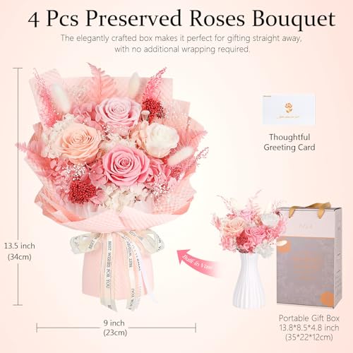 Preserved Pink Roses Bouquet with Vase & Gift Box - Real Forever Flowers