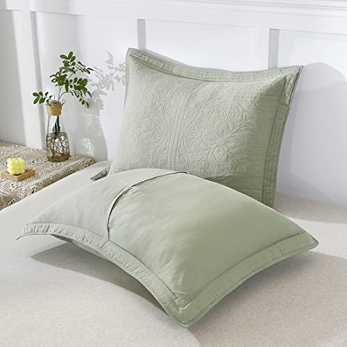 Quilted Cotton Pillow Shams - Sage Green Floral Standard 20x26 Inch Set