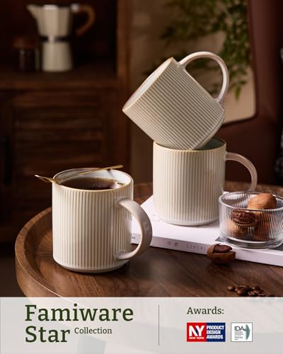 Famiware Cappuccino White 16 oz Coffee Mug Set of 4 - Handcrafted, Stackable, Dishwasher & Microwave Safe