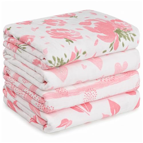 Muslin Swaddle Blankets 4-Pack - Soft Bamboo Cotton Newborn Blankets (35" x 40")