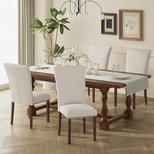 Upholstered Dining Chairs Set of 4, Beige Linen Parsons Chairs with Nailhead