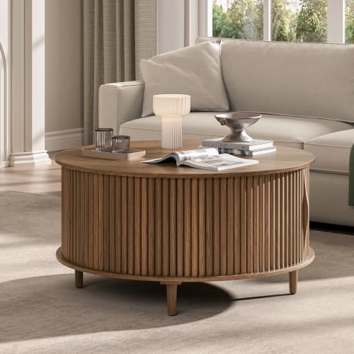 31.5-inch Round Coffee Table with Hidden Storage, Walnut Mid-Century Modern