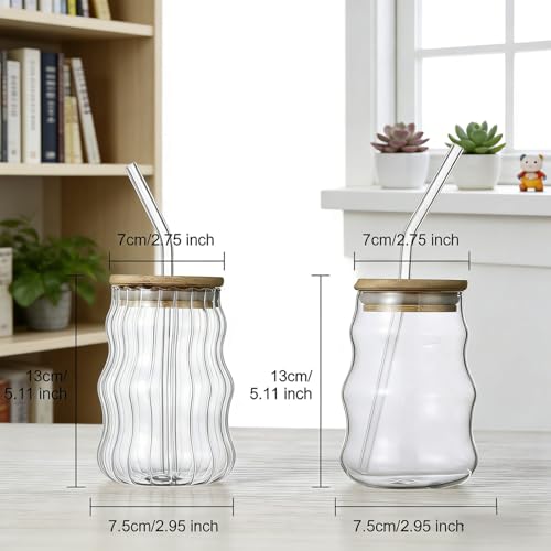 8 oz Ribbed Glass Tumbler Set with Bamboo Lids and Straws - 4 Pack
