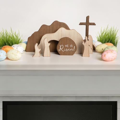 Wooden Easter Empty Tomb Scene Decor - He Is Risen Resurrection Figurine Set