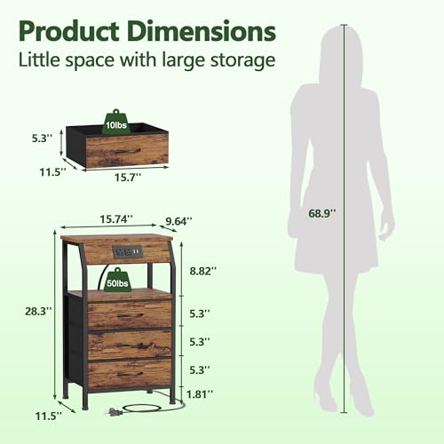 Nightstand with Charging Station and 3 Fabric Drawers, Rustic Side Table