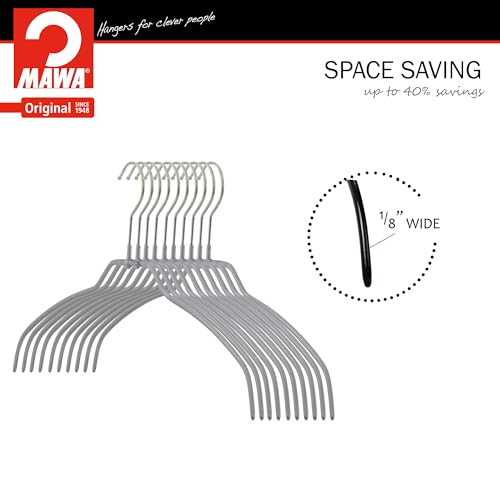 Mawa Narrow Petite Silhouette Clothing Hanger, Steel Hanger with Non-Slip Coating, for Shirts, Dresses, Camisoles, T-Shirts, Space-Saving, Rotating Hook, Set of 20, Silver