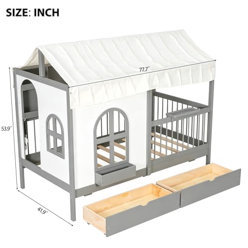 Twin Size House Bed with Storage Drawers, Bookshelf, and LED Lighting