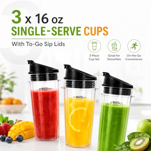 16 oz Blender Replacement Cups with Lids - 3 Pack, 4-Tab Design