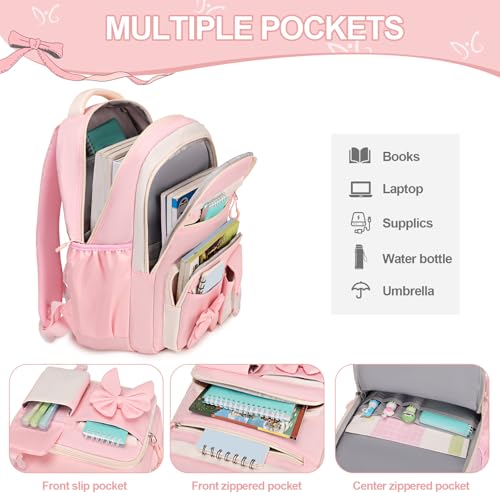 Cute Bow Girls School Backpack 3-Piece Set with Lunch Bag & Pencil Case