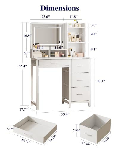 White Makeup Vanity Desk with Lighted Mirror and 4 Storage Drawers