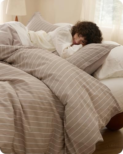 100% Washed Cotton Striped Queen Duvet Cover Set - 3 Pieces, Tan/White