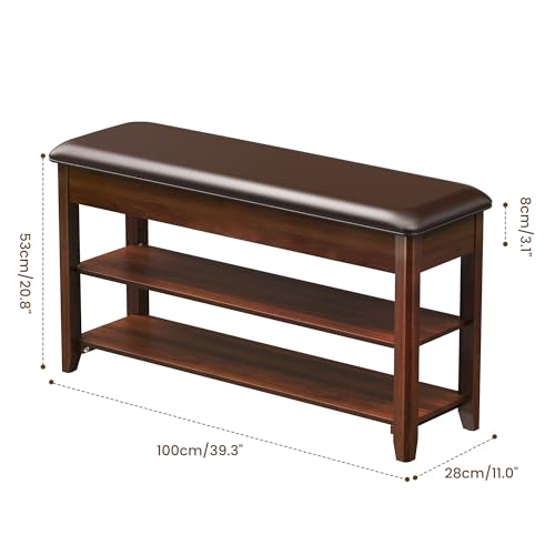 Solid Wood Shoe Bench with Hidden Storage and Adjustable Shelves, Walnut