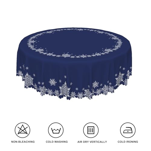 Christmas Round Tablecloth 54 Inch Navy Blue & White Snowflakes Reusable Fabric Cover