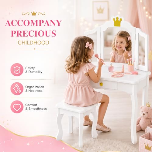 Kids Vanity Table and Chair Set with Tri-Folding Mirror and Storage Drawer