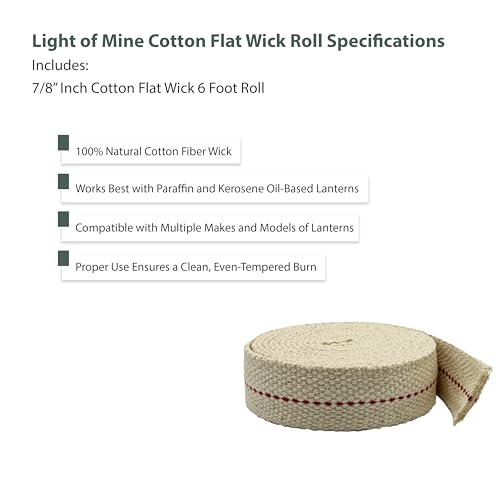 100% Cotton Flat Wick for Kerosene & Paraffin Oil Lamps - 6' Roll