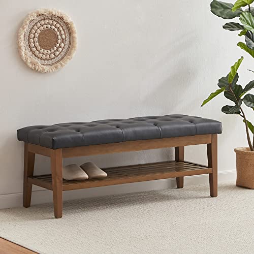 Upholstered Entryway Shoe Bench with Storage Shelf and Button Tufted Seat