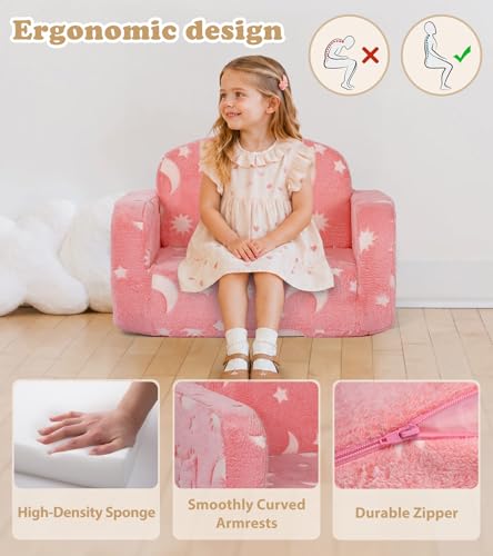 2-in-1 Fold Out Toddler Couch with Blanket and Glow-in-the-Dark Pillow