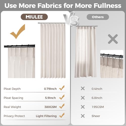 Pinch Pleat Linen Curtains 90 Inch - Light Filtering Drapes (Set of 2)