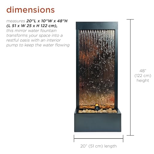 48-Inch Wall Mounted Mirror Waterfall Fountain with LED Lights and Stones