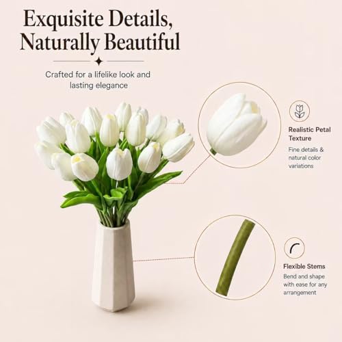 Artificial White Tulips 20-Piece Set - 13.5" Lifelike PU Faux Flowers