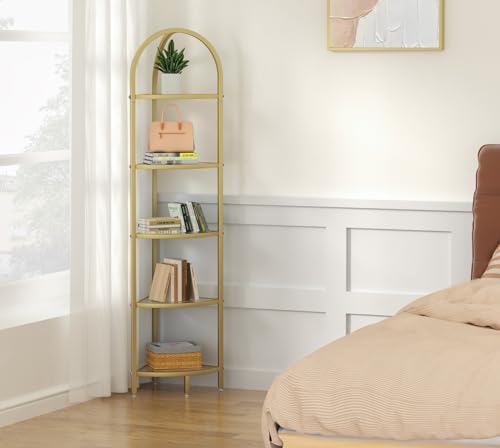5-Tier Gold Corner Shelf, Modern Metal and Glass Storage Display Stand