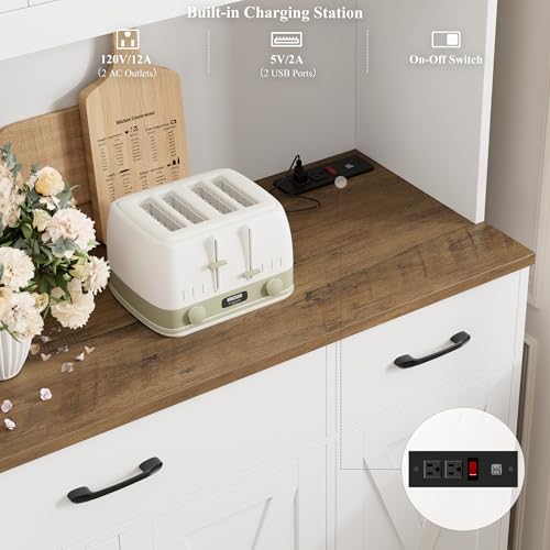 71" Tall Farmhouse Kitchen Pantry Cabinet with Charging Station & Countertop