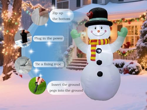 8FT Inflatable Snowman Christmas Decoration - Blow Up Snowman with LED Lights - Red, Yellow, Blue, Black, White