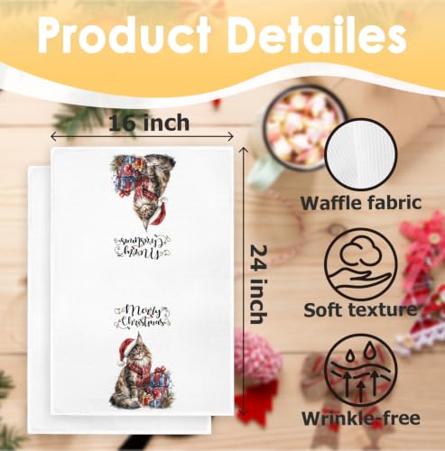 Santa Tabby Cat Christmas Kitchen Towels 16x24in - Merry Christmas Decor