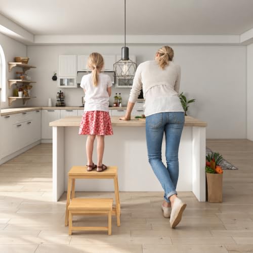 BEKVEM Large 17.3-inch Foldable Bamboo Step Stool with Wide Surface, Supports 350 lbs