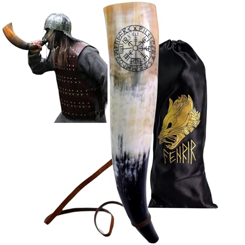 18-Inch Authentic Ox Horn Battle Trumpet with Compass Engraving and Strap