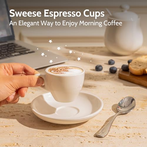 Sweese 2oz White Porcelain Espresso Cups & Saucers Set of 6 - Daily Coffee Ritual