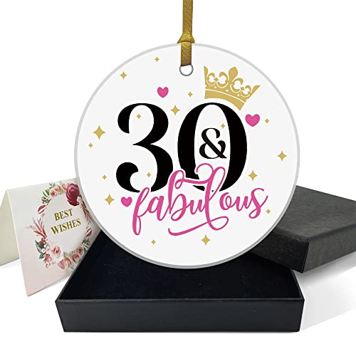 REWIDPARTY 3-Inch Round Ceramic Ornament - Fabulous 30th Birthday Gold Ribbon Gift Box (Gold & White)