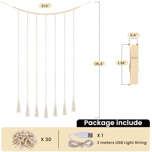 Macrame Hanging Photo Display with Fairy Lights and 30 Clips, Boho Wall Decor