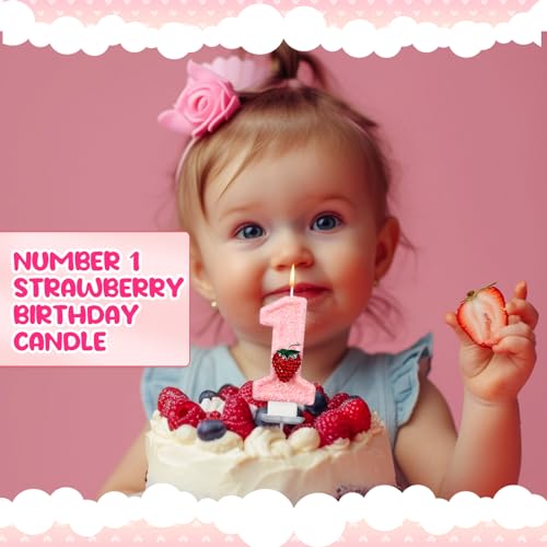 Pink Strawberry Number 1 Birthday Candle - 1st Birthday Cake Topper