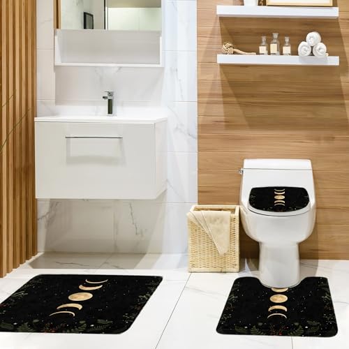 Gold Moon Phase Gothic Bathroom Decor Set - 4-Piece Shower Curtain & Rugs