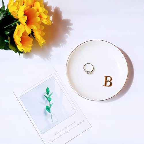 Yoqanr Ceramic Ring Dish B Monogram Personalized Jewelry Tray for Women - Wedding Gift, White